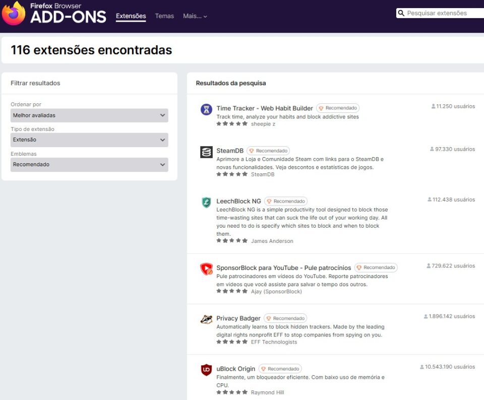 Captura de tela do site Firefox Browser ADD-ONS exibindo a lista de 116 extensões encontradas, ordenadas por "Melhor avaliadas" em 26 de fevereiro de 2026.