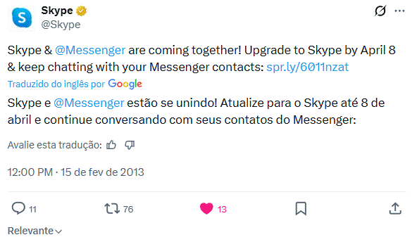 Print da mensagem de união entre Skype e Messenger postada no Twitter em 15 de fevereiro de 2013.
