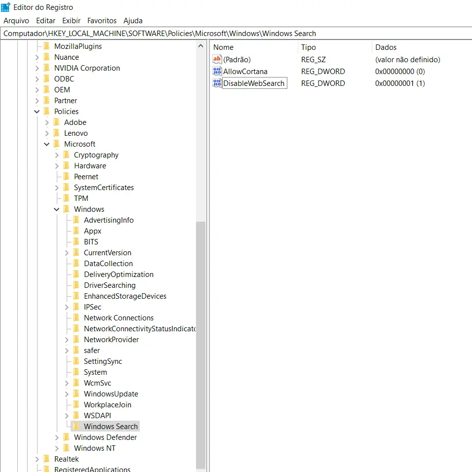Captura de tela do Editor de Registro do Windows mostrando o caminho para a pasta Windows Search e o valor AllowCortana definido como zero.