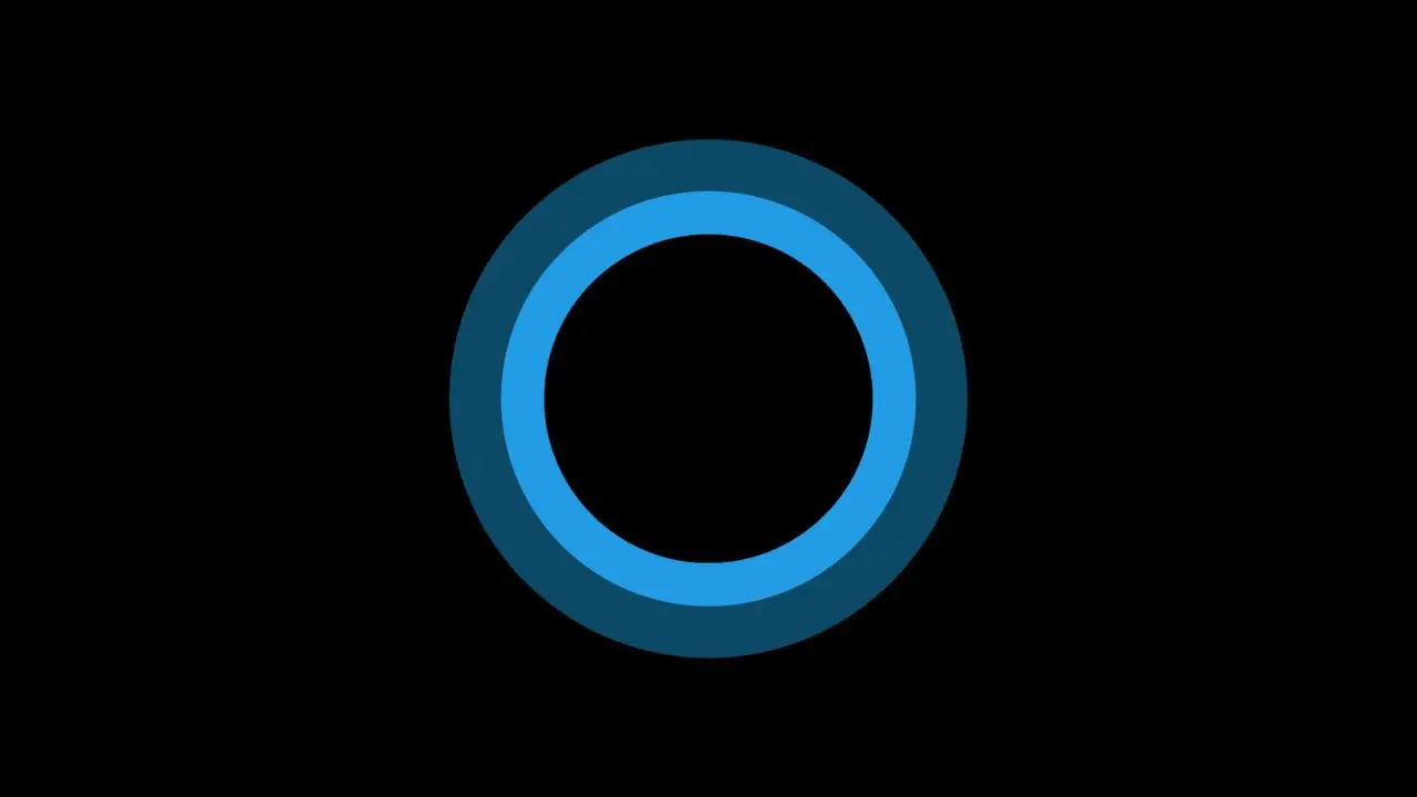 Logotipo circular azul da Cortana sobre um fundo preto, representando a assistente virtual do Windows 10.
