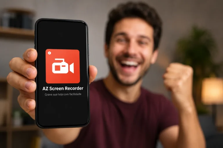 Mão segurando um smartphone que exibe a interface de gravação do aplicativo AZ Screen Recorder com o menu flutuante ativo na tela.