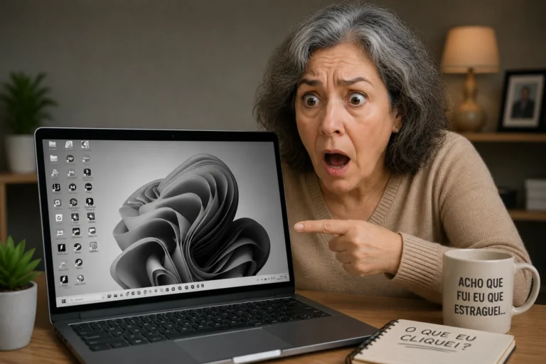 Mulher com expressão de susto e desespero apontando para a tela de um notebook que está totalmente em preto e branco.
