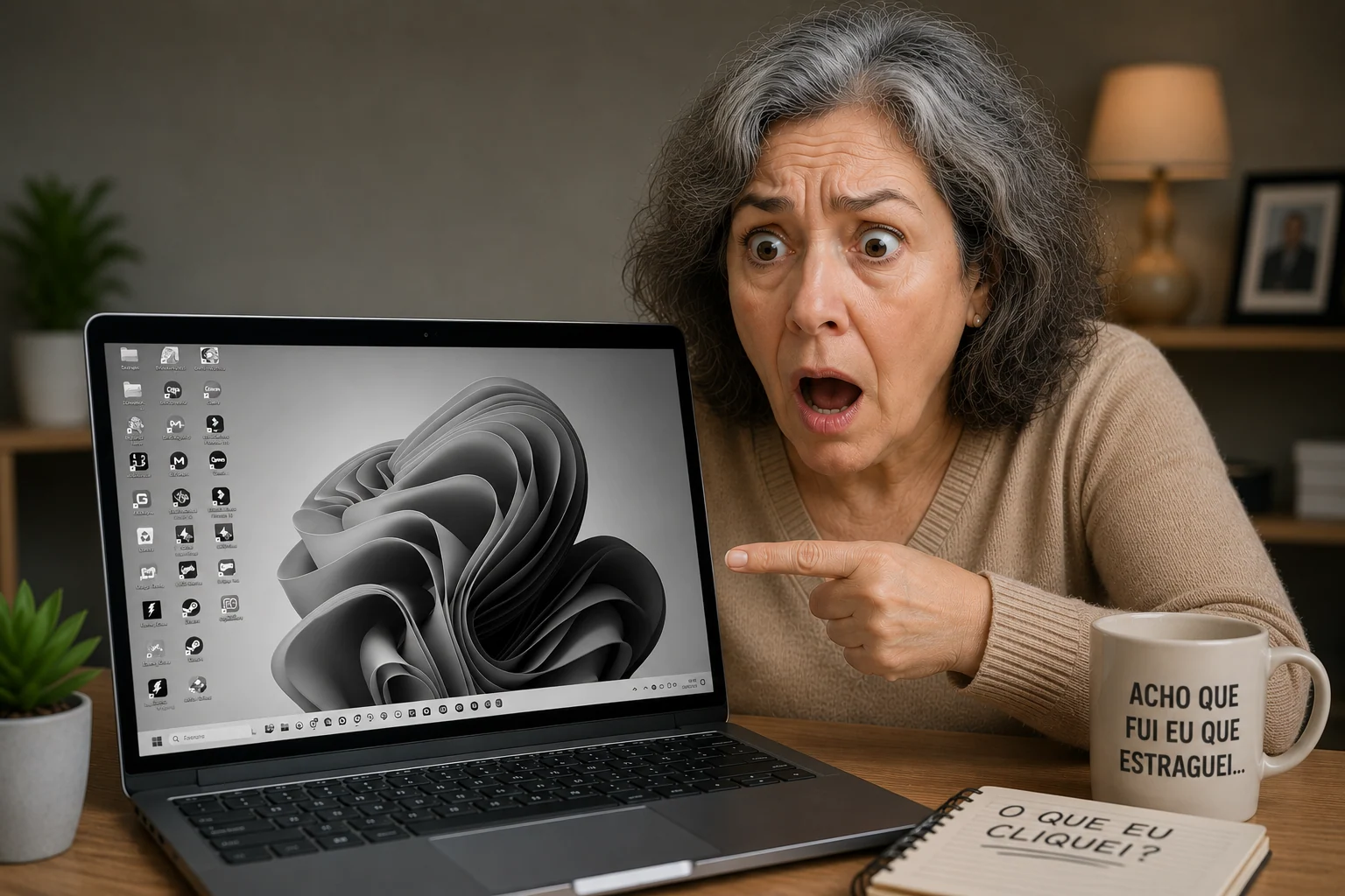 Mulher com expressão de susto e desespero apontando para a tela de um notebook que está totalmente em preto e branco.
