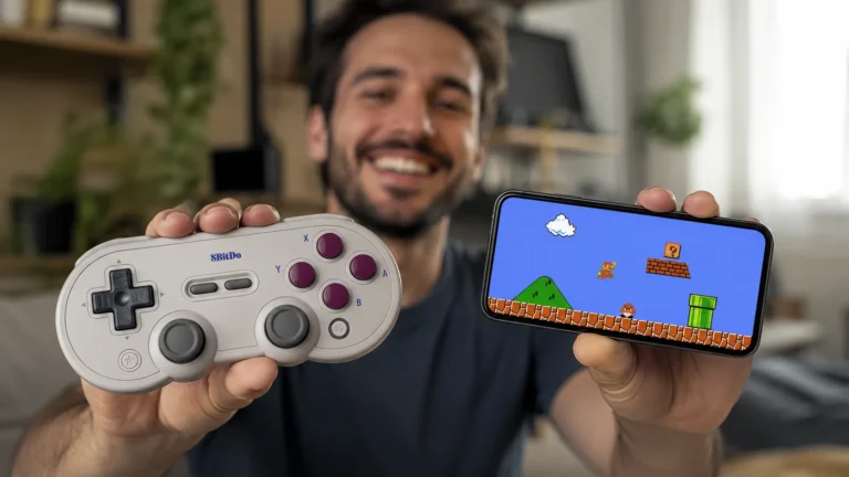 Um homem sorrindo em primeiro plano segurando um controle sem fio cinza da marca 8BitDo na mão direita e um smartphone exibindo a tela do jogo Super Mario Bros na mão esquerda.