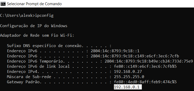 O IP do meu roteador é o gateway 192.168.0.1.