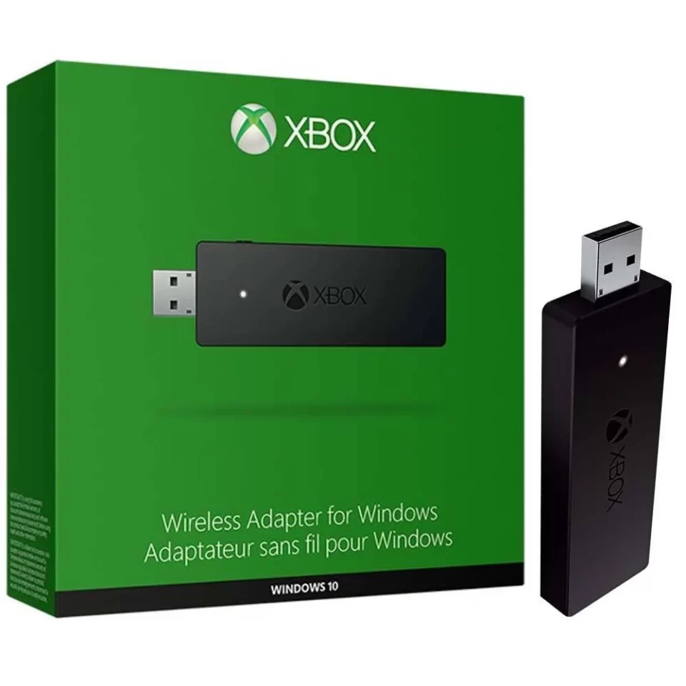Adaptador Wireless Xbox para Windows em sua embalagem verde oficial e o dongle USB preto ao lado.