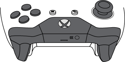 Desenho técnico do controle original de Xbox One, modelo sem Bluetooth, com acabamento de plástico separado ao redor do botão Xbox.