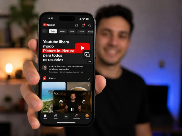 Homem segurando um smartphone que exibe um vídeo do YouTube funcionando no modo Picture-in-Picture (janela flutuante) sobre a tela inicial.