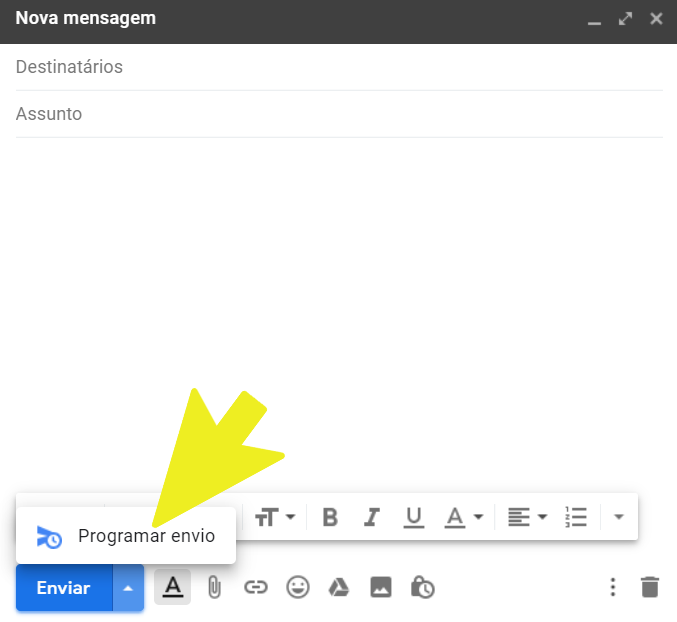 Captura de tela da janela "Nova mensagem" do Gmail, com uma seta amarela apontando para o botão "Programar envio" ao lado do botão Enviar.