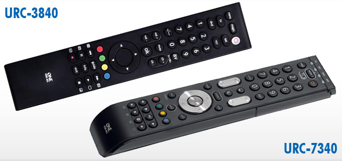 Imagem mostra os controles remotos universais na cor preto, modelos URC3840 e URC7340 da marca One For All.