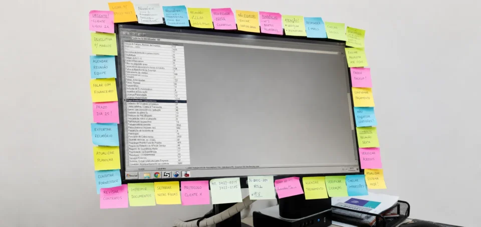 Monitor de computador com a moldura completamente coberta por post-its coloridos, exemplificando a desorganização de lembretes físicos em escritórios.