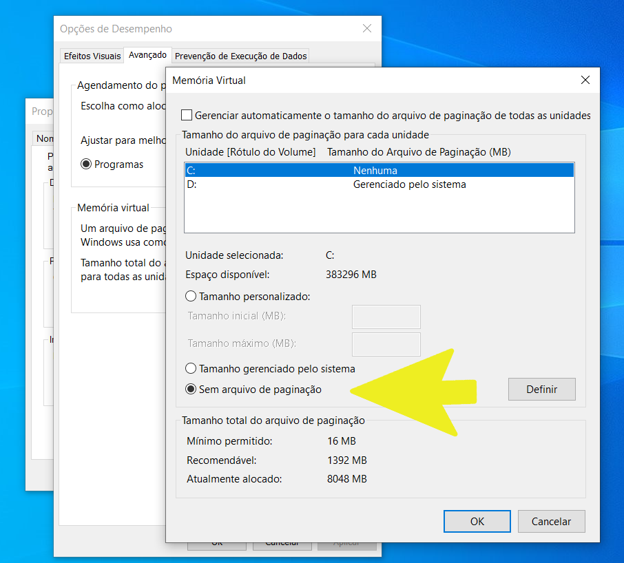 Nesse caso, eu deixei desativado o arquivo de paginação para o unidade C que é o SSD e habilitei para que seja feito na unidade D que é um HD