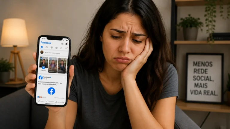 Mulher com expressão desanimada segurando um celular que mostra a tela do aplicativo do Facebook, ilustrando o cansaço com as redes sociais.
