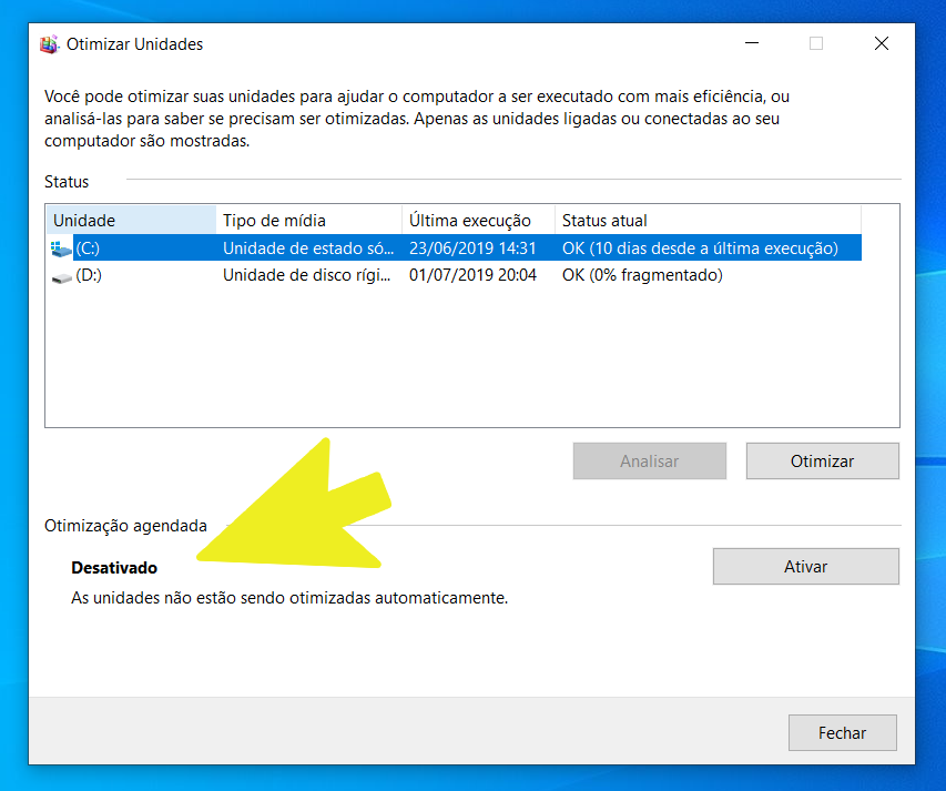 Se você utiliza drive SSD, deixe a opção de desfragmentação automática desativada