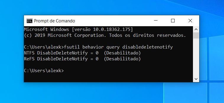 Nesse exemplo podemos ver que o TRIM está ativado para o SSD, pois retornou 0