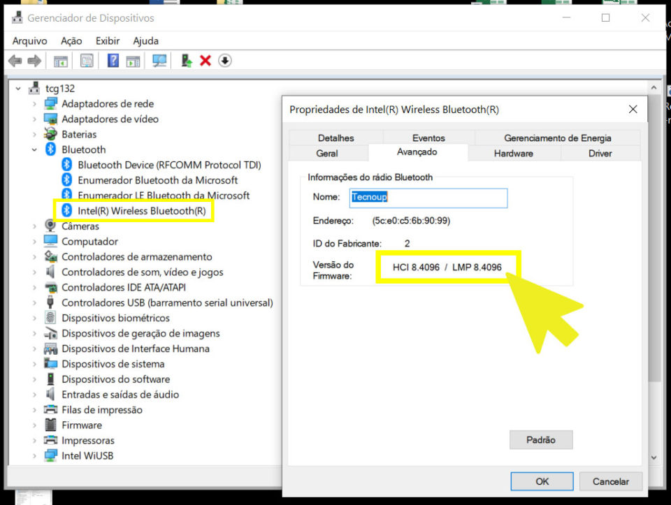 Captura de ecrã do Gerenciador de Dispositivos do Windows mostrando a aba Avançado com a versão do firmware LMP em destaque.