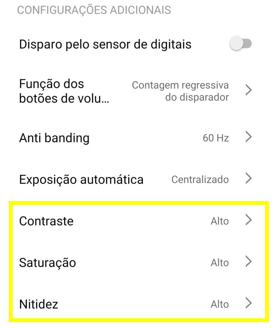 Altere os modos de Contraste, Saturação e Nitidez. Eu deixei tudo marcado como "Alto"