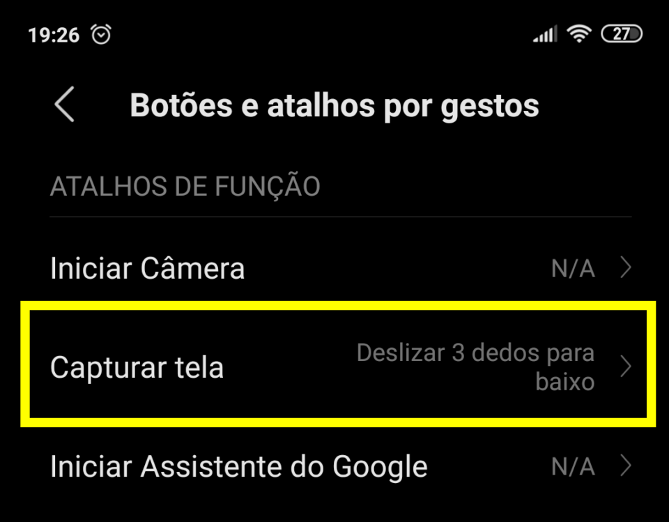 Marque a opção "Deslizar 3 dedos para baixo" no atalho "Capturar tela"