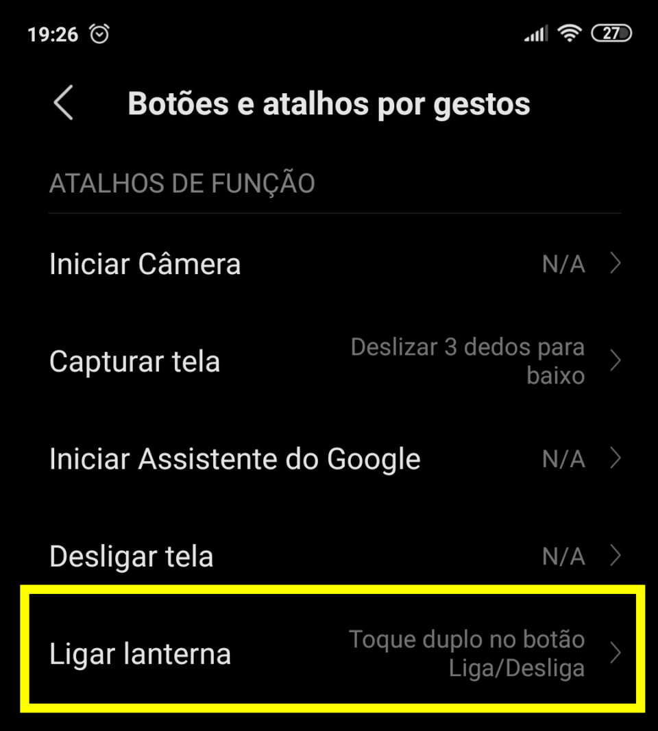 Em Ligar lanterna marque a opção Toque duplo no botão Liga/Desliga