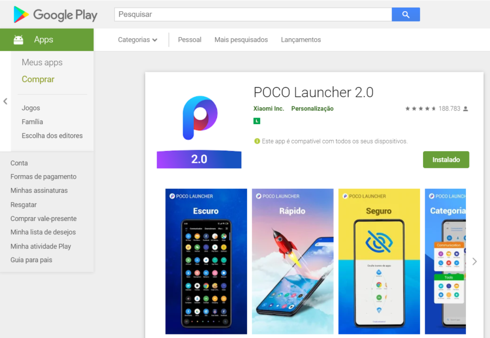 POCO Launcher 2.0 pode ser instalada diretamente da Play Store em seu Redmi Note 7 e em vários aparelhos compatíveis