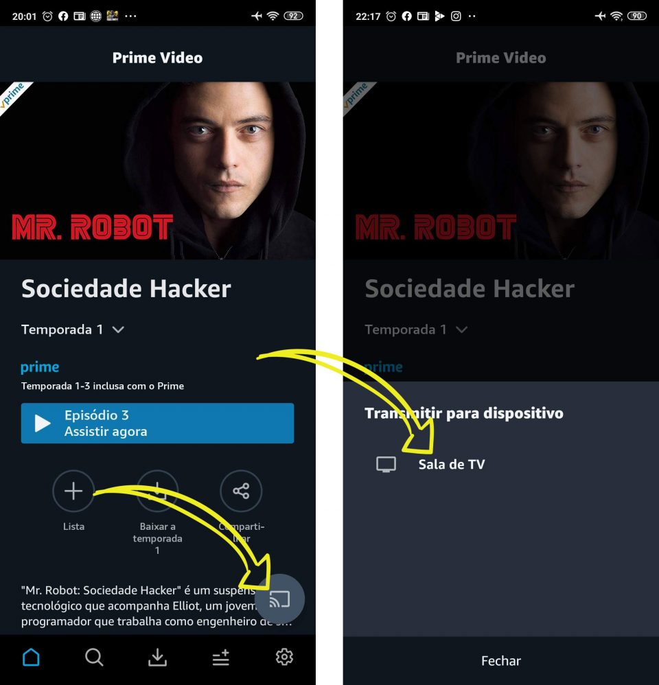 Captura de tela dividida mostrando o passo a passo no aplicativo do Amazon Prime Video no celular: à esquerda, uma seta amarela indica o ícone de transmissão; à direita, o menu aberto exibe a opção de conectar a um dispositivo Chromecast.