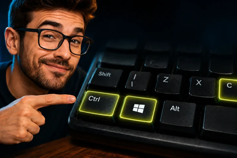 Homem apontando para teclas de atalho brilhantes em um teclado de computador, representando produtividade no Windows.