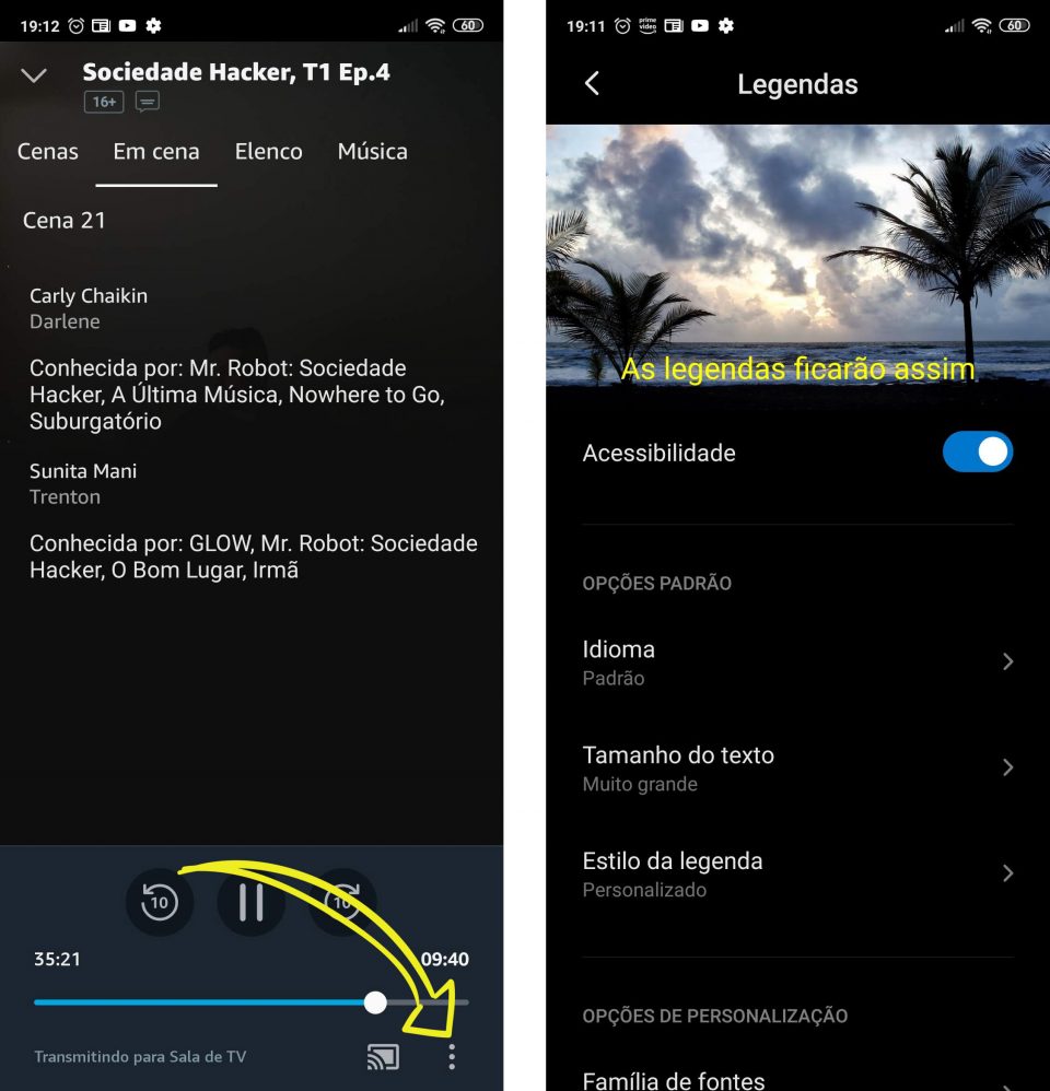 Duas capturas de tela mostrando o menu de configuração de legendas do Amazon Prime Video no celular; à esquerda, setas indicam o ícone de áudio e legenda, e à direita, as opções de tamanho do texto e estilo da fonte na tela.