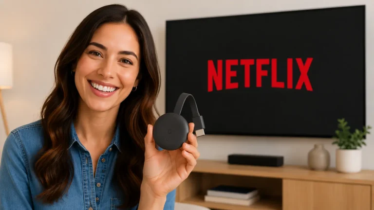 Mulher sorridente segurando o controle remoto e o dispositivo Google Chromecast, com uma televisão ao fundo exibindo o logotipo da Netflix na tela.