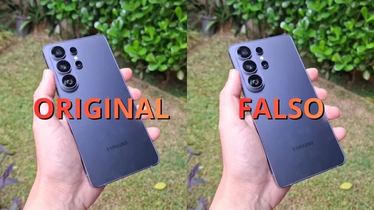Comparação visual entre dois smartphones Samsung Galaxy S26 Ultra idênticos, com as etiquetas "ORIGINAL" em verde sobre o da esquerda e "FALSO" em vermelho sobre o da direita.