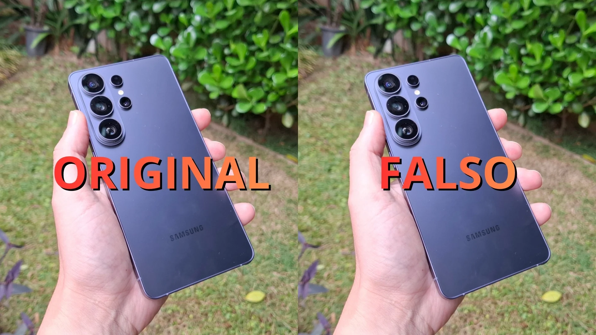 Comparação visual entre dois smartphones Samsung Galaxy S26 Ultra idênticos, com as etiquetas "ORIGINAL" em verde sobre o da esquerda e "FALSO" em vermelho sobre o da direita.