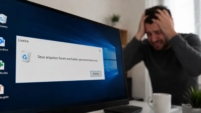 Homem com as mãos na cabeça demonstrando desespero e frustração em frente a um monitor de computador que exibe um aviso de lixeira esvaziada e arquivos excluídos permanentemente.