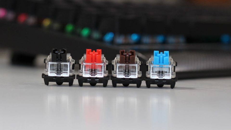 Quatro switches de teclado mecânico (Preto, Vermelho, Marrom e Azul) alinhados em frente a um teclado com iluminação RGB.
