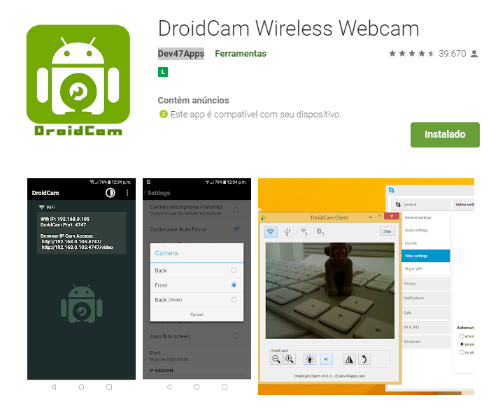 Captura de tela dividida mostrando o aplicativo DroidCam Wireless Webcam na Google Play Store e a interface do software cliente para PC com as opções de conexão USB e Wi-Fi.