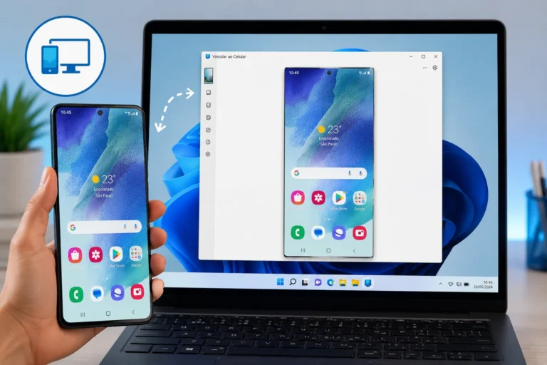 Fotografia de um smartphone Android posicionado ao lado de um notebook Windows exibindo o espelhamento da tela do celular através do aplicativo Vincular ao Celular.
