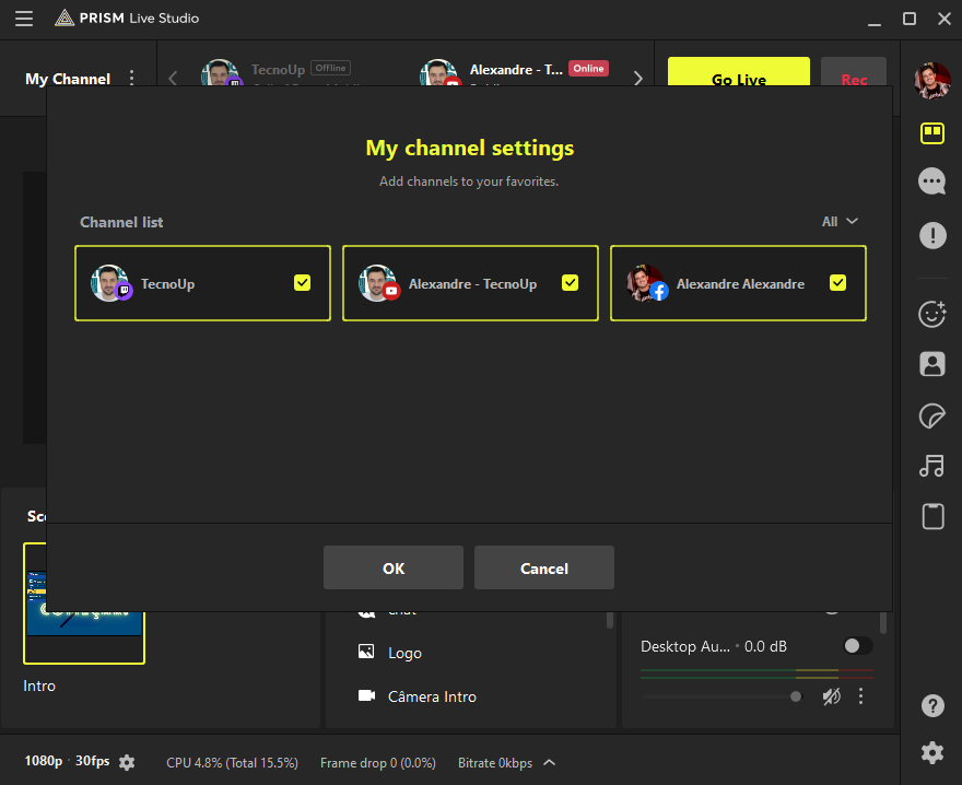 Exemplo de configuração para transmissão simultânea no Twitch, YouTube e Facebook.