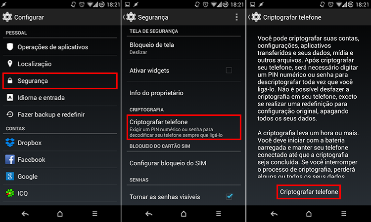 Sequência de três capturas de tela do sistema Android mostrando o passo a passo para criptografar o celular: menu de Segurança, opção Criptografar telefone e a tela final de confirmação do processo.