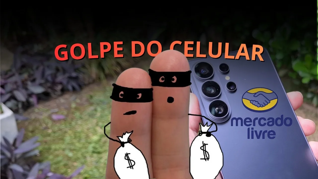 Imagem de destaque com dois dedos caracterizados como bandidos segurando sacos de dinheiro na frente de um smartphone. Texto em destaque: "GOLPE DO CELULAR".