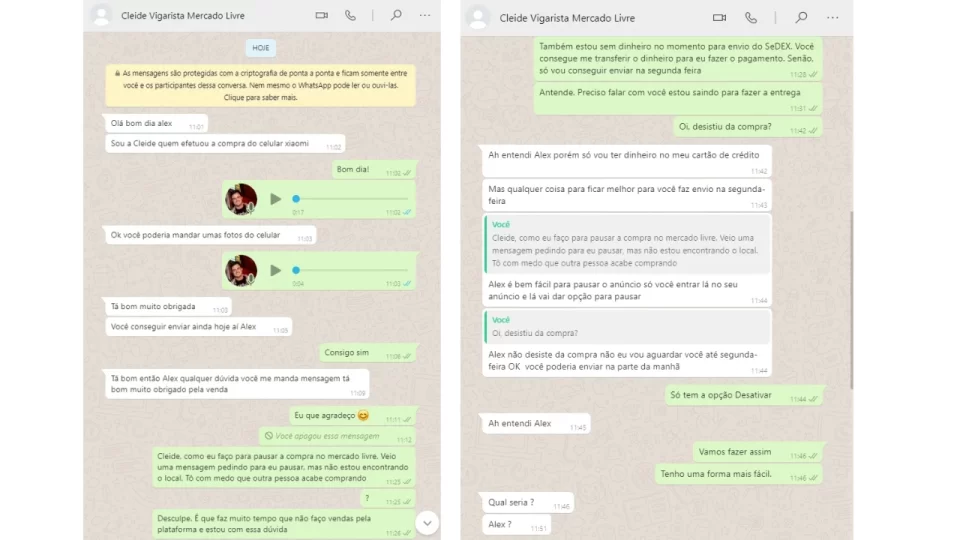 Sequência de prints de uma conversa no WhatsApp onde um golpista, fingindo ser uma compradora chamada Cleide, tenta enganar o vendedor sobre uma venda no Mercado Livre.