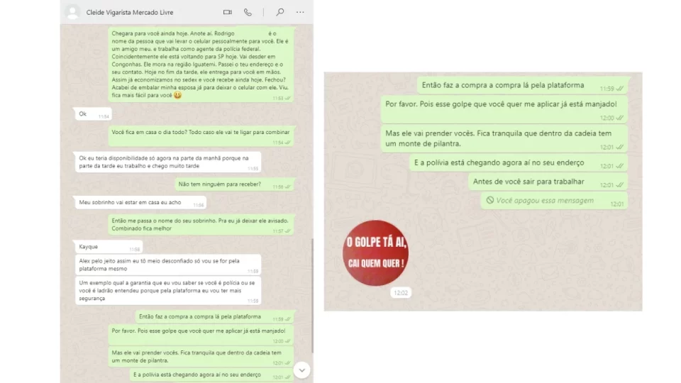 Montagem com duas capturas de tela do aplicativo WhatsApp mostrando a conversa entre o vendedor (Alexandre) e o golpista ("Cleide").
