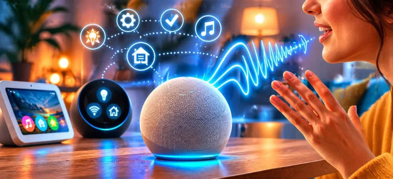 Uma pessoa interagindo com um dispositivo Amazon Echo em uma sala inteligente, com ondas sonoras ilustrativas saindo do aparelho.