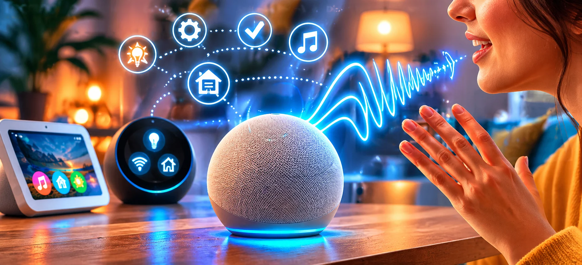 Uma pessoa interagindo com um dispositivo Amazon Echo em uma sala inteligente, com ondas sonoras ilustrativas saindo do aparelho.