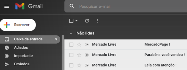 Captura de tela de uma caixa de entrada do Gmail mostrando três e-mails fraudulentos com o nome "Mercado Livre", enviados para induzir o vendedor ao erro.