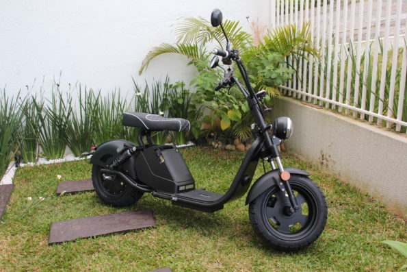 Vista lateral completa da scooter elétrica Bee Green Sport Plus preta em um jardim.