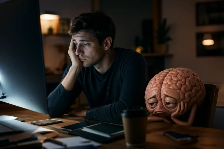 Homem sentado em frente ao computador com expressão cansada ao lado de uma ilustração de um cérebro também exausto, representando o cansaço mental e a falta de raciocínio.