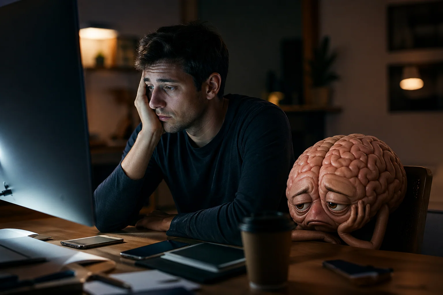 Homem sentado em frente ao computador com expressão cansada ao lado de uma ilustração de um cérebro também exausto, representando o cansaço mental e a falta de raciocínio.