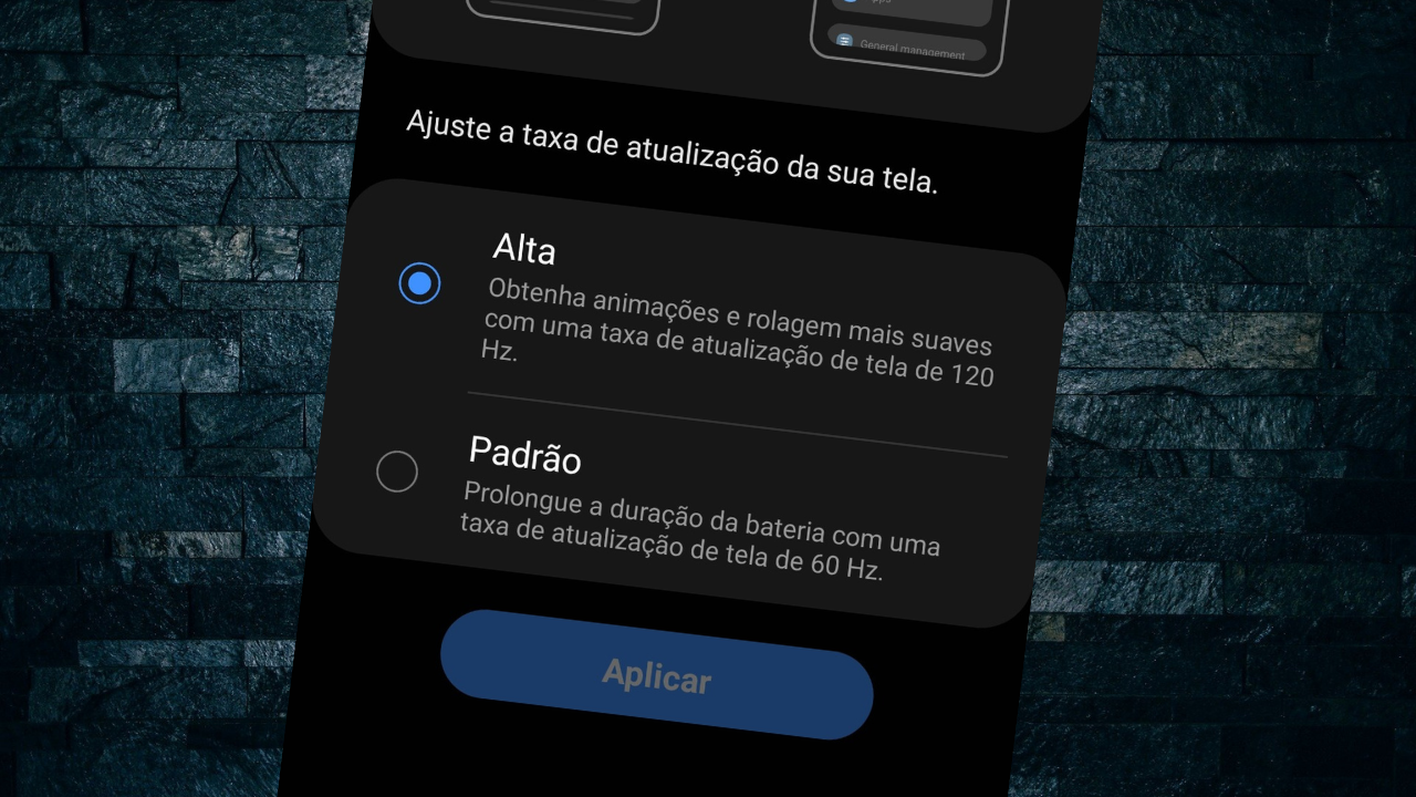 Captura de tela de um smartphone mostrando o menu de configurações da taxa de atualização do display, com as opções "Alta", "Padrão" e o modo de seleção inteligente ativado.