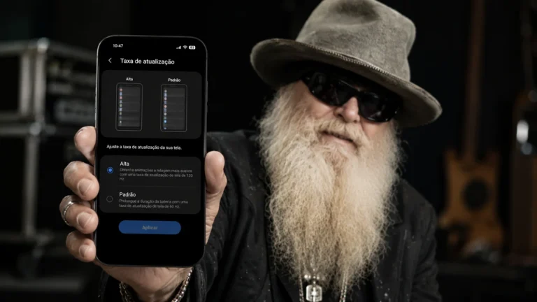 Homem com barba longa, chapéu e óculos escuros segurando um smartphone que exibe a interface de configuração de taxa de atualização de tela