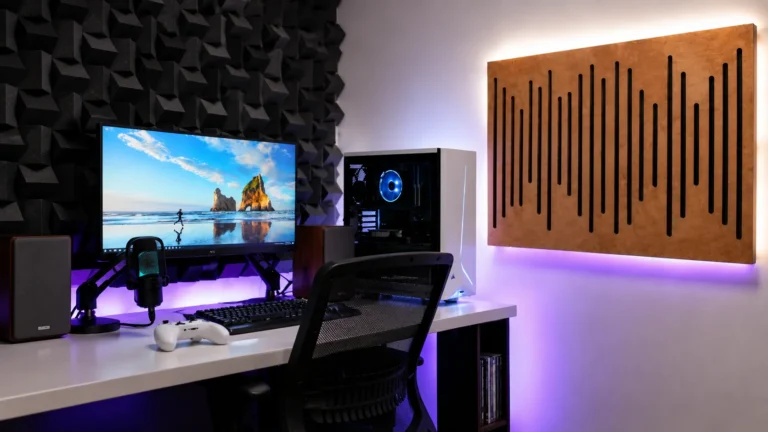 Painel difusor acústico Wave de MDF amadeirado fixado na parede com iluminação LED ao fundo, posicionado ao lado da bancada de um computador Gamer.