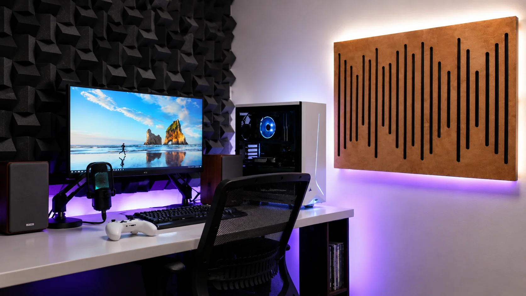 Painel difusor acústico Wave de MDF amadeirado fixado na parede com iluminação LED ao fundo, posicionado ao lado da bancada de um computador Gamer.