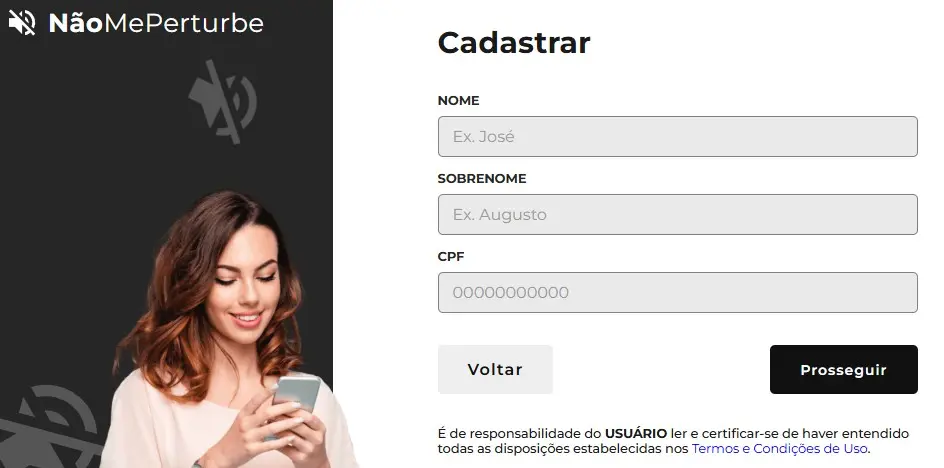 Captura de tela da página de cadastro do site Não Me Perturbe, exibindo os campos de formulário para Nome Completo, CPF, E-mail e Senha.